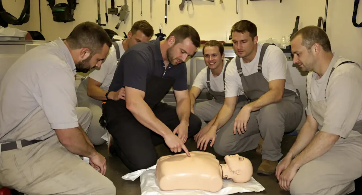 Session de formation sauveteur secouriste du travail à Craon : le formateur montre le point de compression sur le mannequin