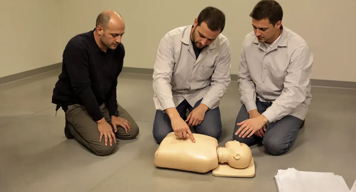 Session de formation sauveteur secouriste du travail à Communay : le formateur montre le point de compression sur le mannequin