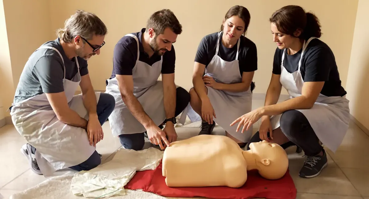 Session de formation sauveteur secouriste du travail à Bourg-Achard : le formateur montre le point de compression sur le mannequin