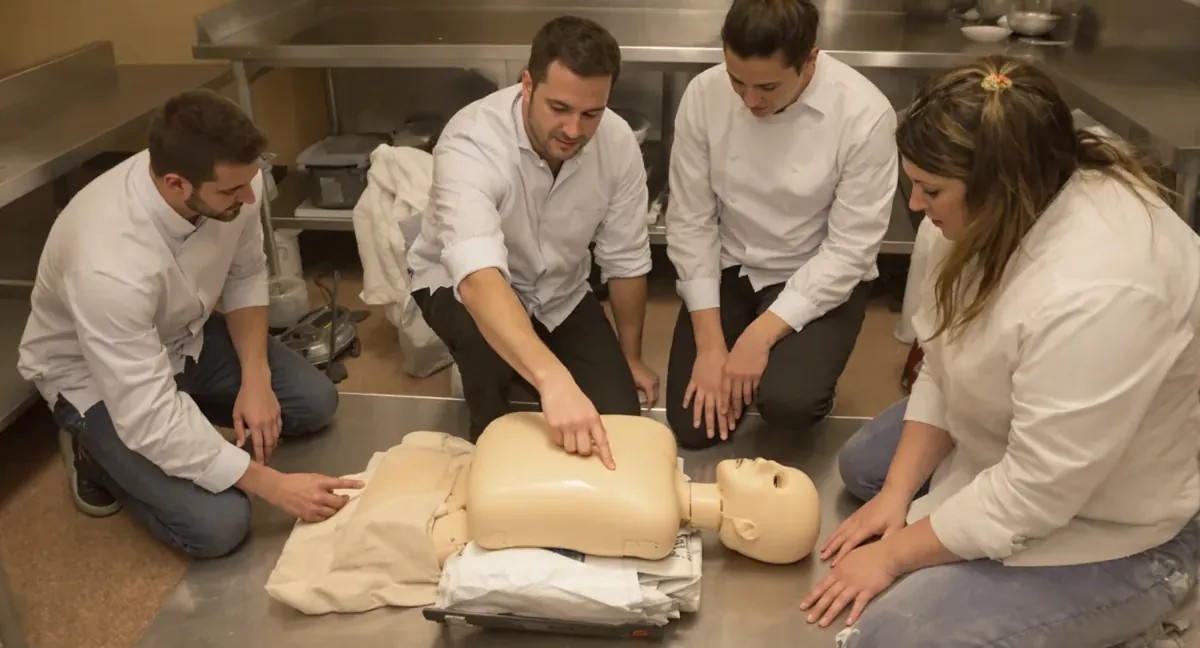 Session de formation sauveteur secouriste du travail à Saint-James : le formateur montre le point de compression sur le mannequin