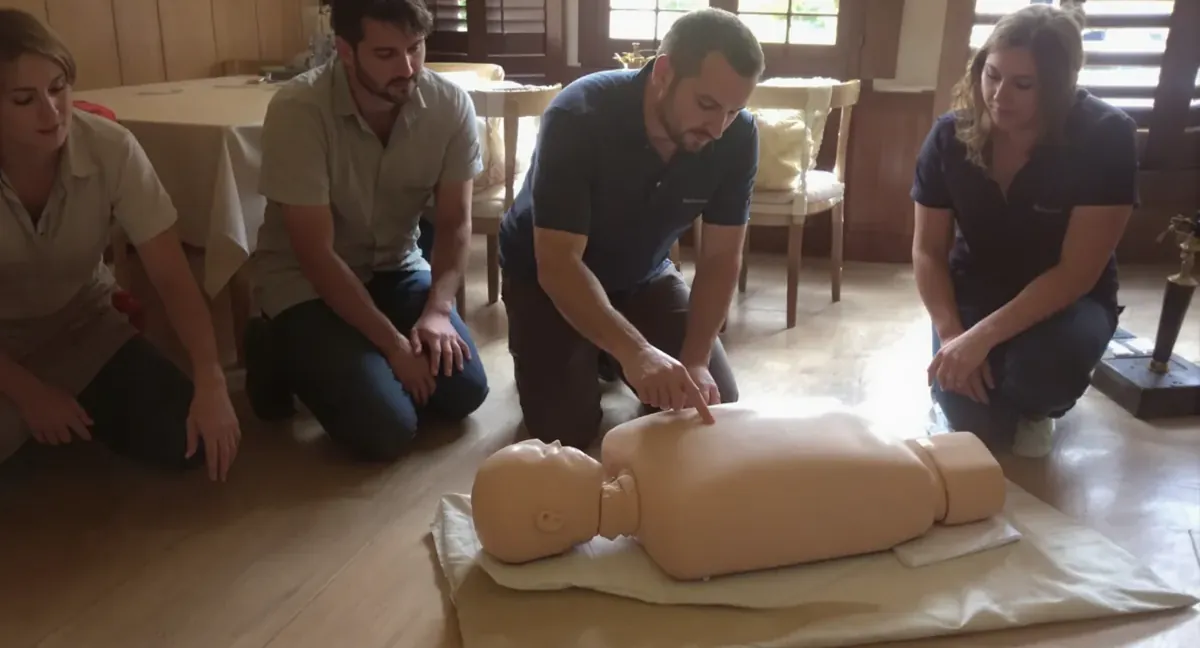 Session de formation sauveteur secouriste du travail à Bricquebec-en-Cotentin : le formateur montre le point de compression sur le mannequin