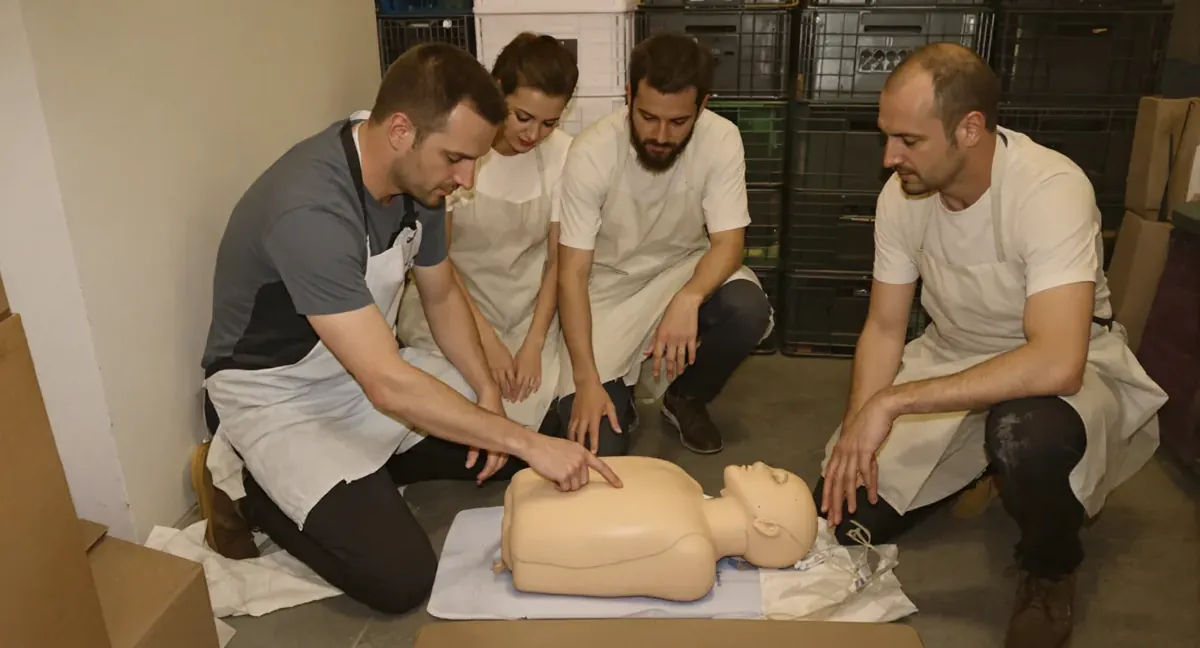 Session de formation sauveteur secouriste du travail à Bernay : le formateur montre le point de compression sur le mannequin