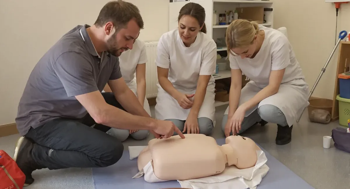 Session de formation sauveteur secouriste du travail à Le Fenouiller : le formateur montre le point de compression sur le mannequin
