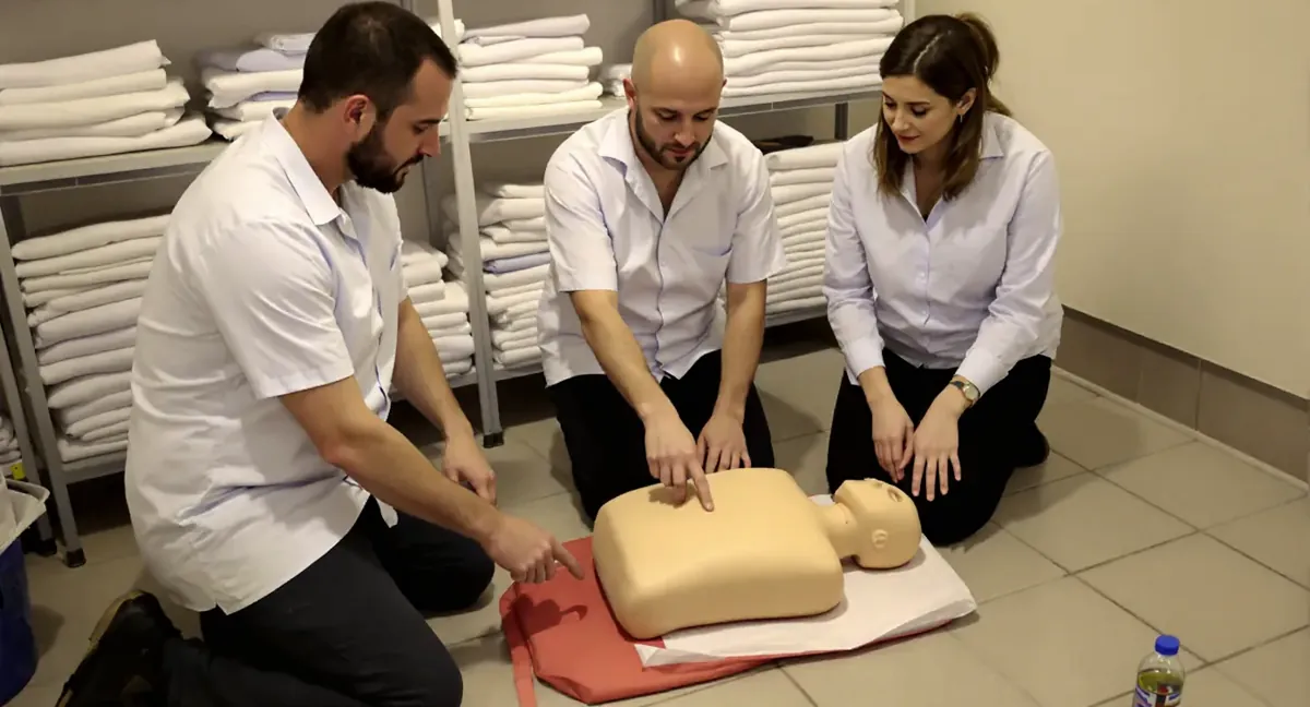Session de formation sauveteur secouriste du travail à Gleizé : le formateur montre le point de compression sur le mannequin